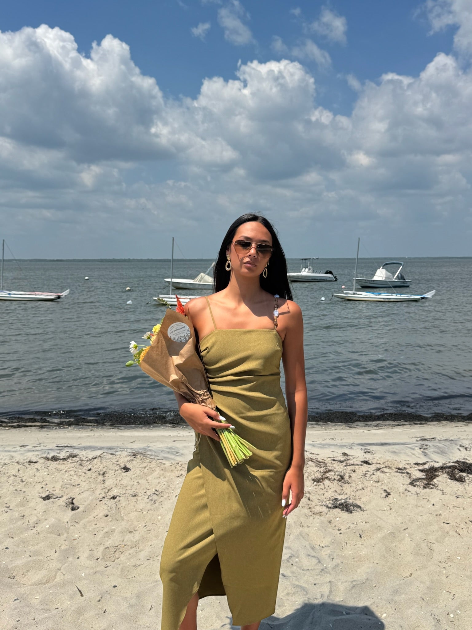 Lynx Pleated Midi Dress Olive