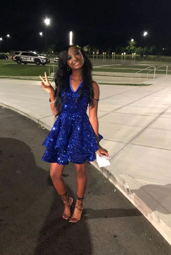Royal blue v neck sequin short prom dress homecoming dress cocktail dress