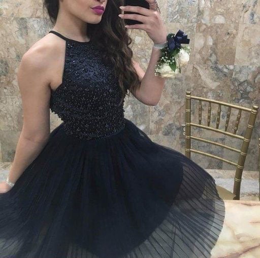 Black halter beaded rhinestone short tulle prom dress cocktaile dress homecoming dress