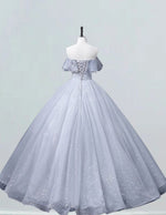 Silver off the shoulder long prom dress ball gown beaded lace fluffy princess party dress long wedding dress
