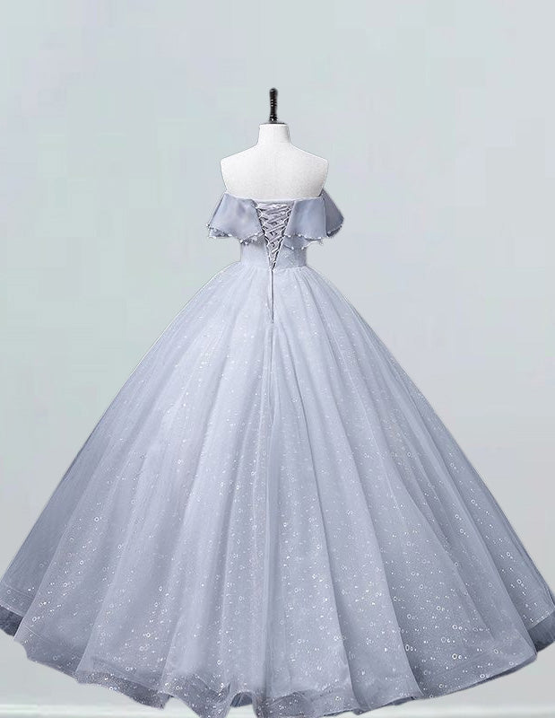 Silver off the shoulder long prom dress ball gown beaded lace fluffy princess party dress long wedding dress