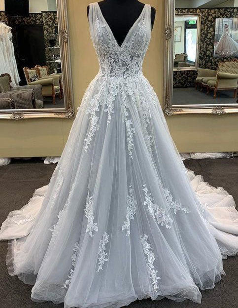 Silver long bridal wedding dress v neck lace applique tulle wedding party prom dress