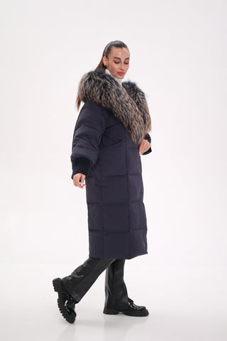 Rei Genuine Fur Trim Hooded Down Coat in Navy - By Baano