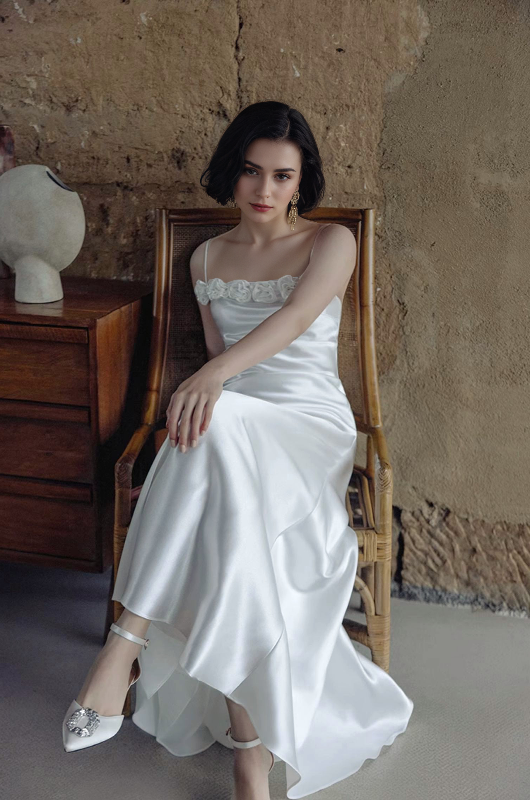 Vintage Rose-Trimmed Satin Slip Wedding Dress with Spaghetti Straps