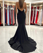 V neck black mermaid long prom dress court train formal gown