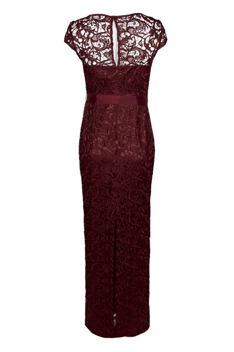 Adrianna Papell Boat Neck Cap Sleeve Tie Front Zipper Back Lace Gown - Glamourous Grace