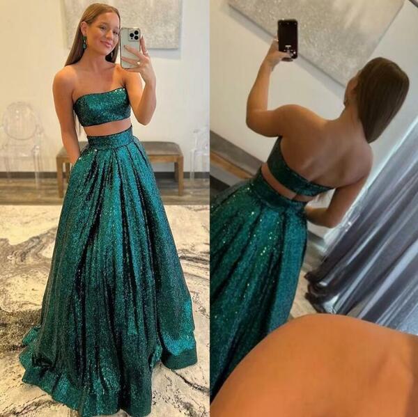 Green sequin long ball gown,two piece prom dress formal gown