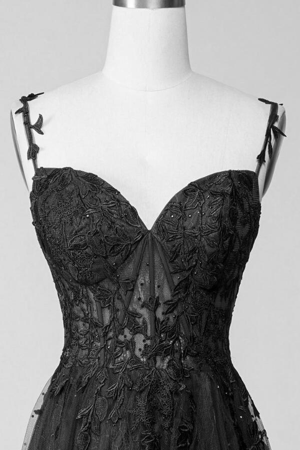 Spaghetti strap black long tulle lace prom dress sweetheart tulle formal gown wedding bridal dress