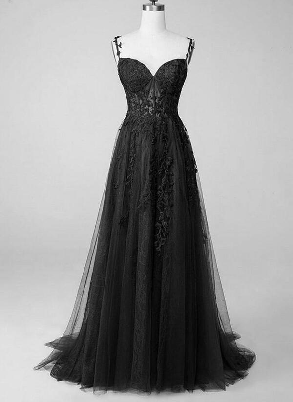 Spaghetti strap black long tulle lace prom dress sweetheart tulle formal gown wedding bridal dress