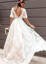 Ivory v neck lace wedding dress,short sleeve wedding bridal dress formal dress