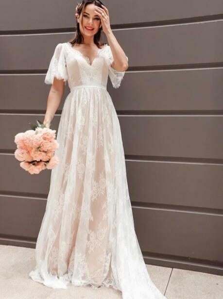 Ivory v neck lace wedding dress,short sleeve wedding bridal dress formal dress