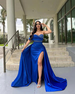 Royal blue bead rhinestone long prom dress,sweetheart slit formal gown with detachable tail