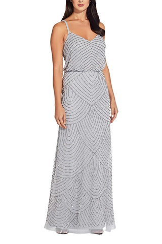 Adrianna Papell Spaghetti Strap V-Neck Blouson Zipper Back Embellished Mesh Dress - By Baano