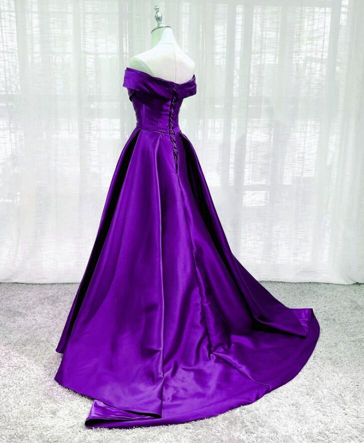 Grape off the shoulder pleated long satin formal dress prom gown evening party dress