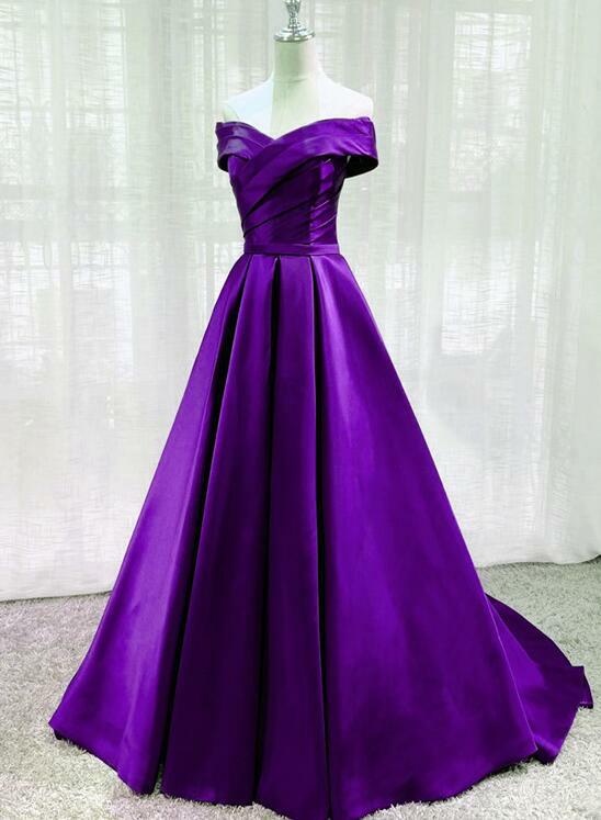 Grape off the shoulder pleated long satin formal dress prom gown evening party dress