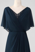V neck navy blue beading formal dress long chiffon evening party dress
