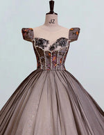 Black and champagne scoop lace applique long tulle ball gown prom dress