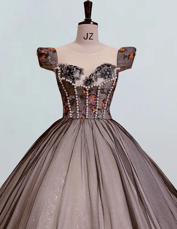 Black and champagne scoop lace applique long tulle ball gown prom dress