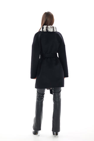 Genuine  French Orylag Fur Italian Cashmere Wool Coat 85cm