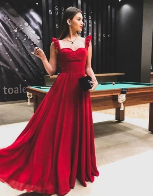 Red straps long chiffon evening party dress floor length formal gown prom dress