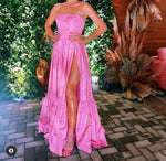 Strapless pink slit a line prom dress formal gown wedding party dress