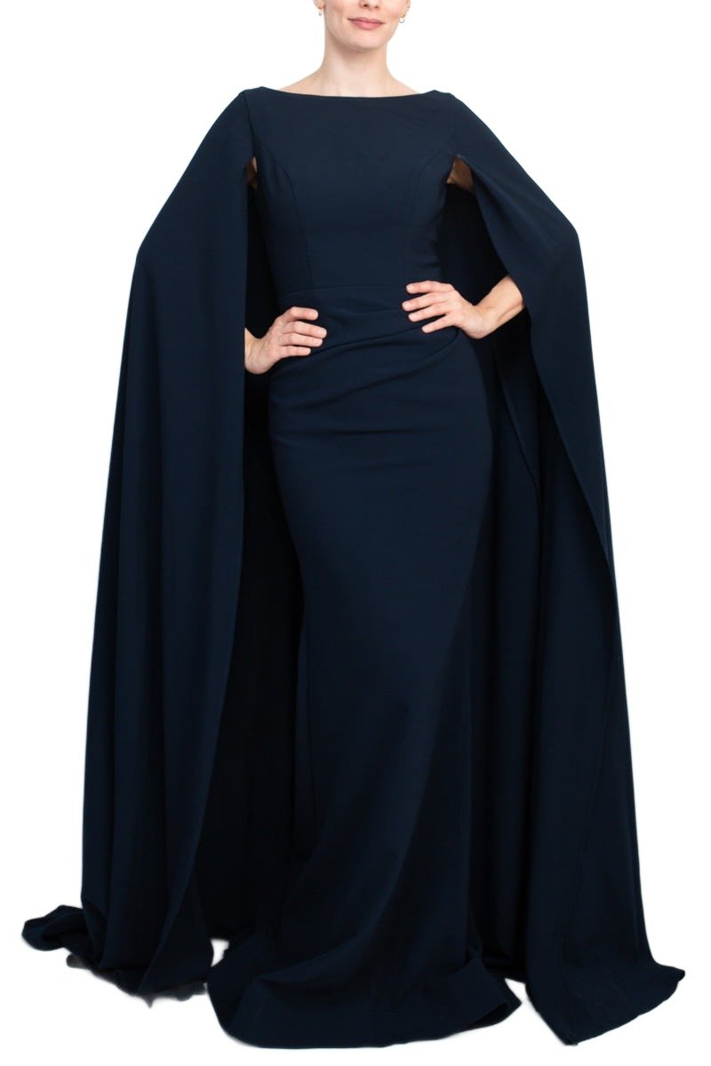 Jovani Boat Neck Cape Evening with Zipper Closure Crepe Gown - Glamourous Grace