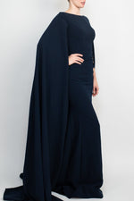 Jovani Boat Neck Cape Evening with Zipper Closure Crepe Gown - Glamourous Grace