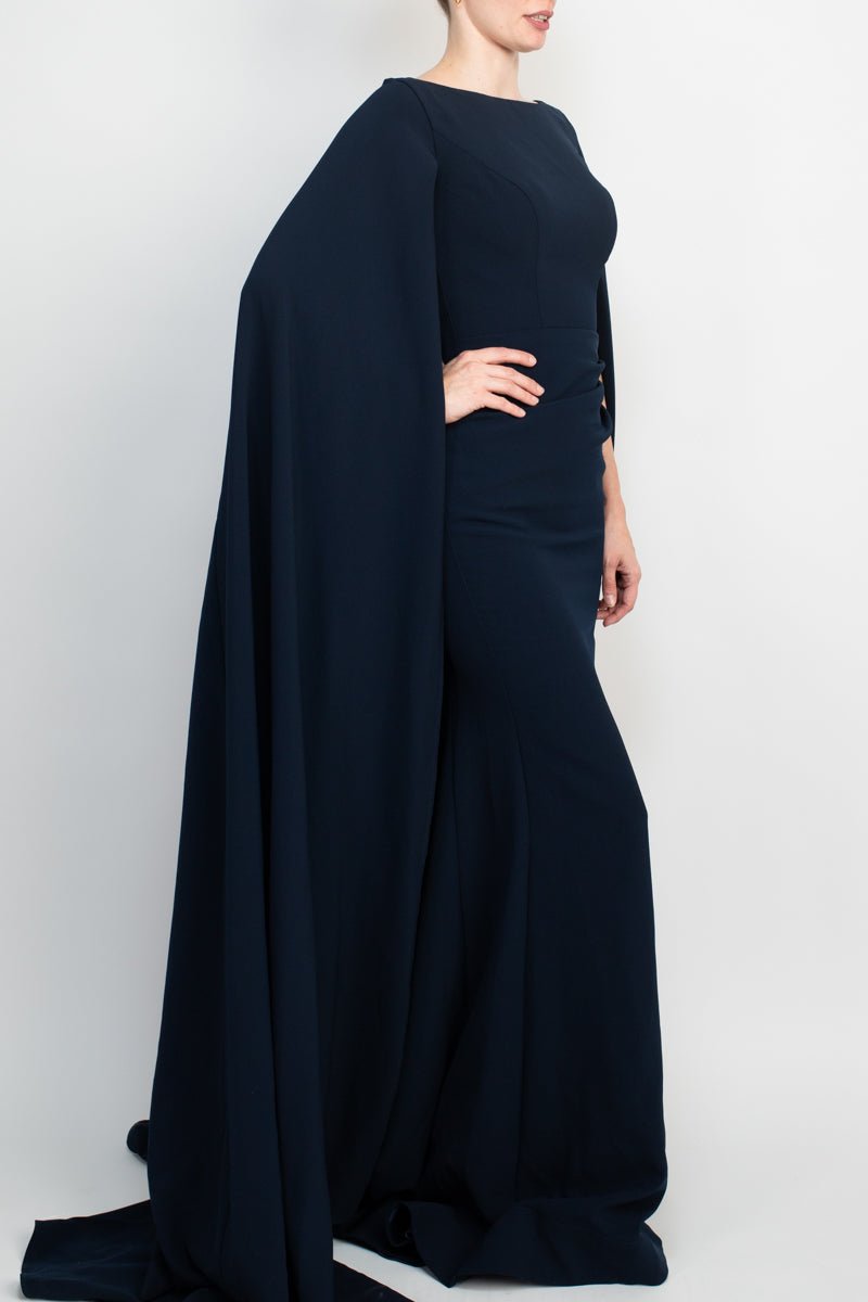 Jovani Boat Neck Cape Evening with Zipper Closure Crepe Gown - Glamourous Grace