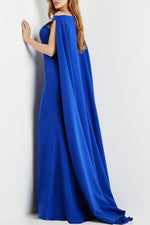 Jovani Boat Neck Cape Evening with Zipper Closure Crepe Gown - Glamourous Grace