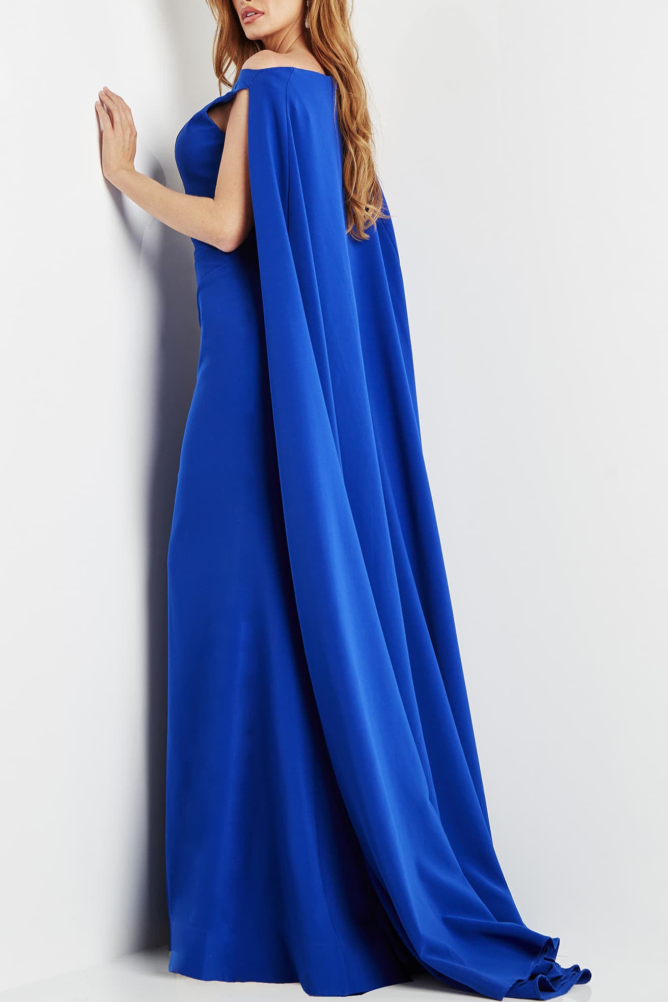 Jovani Boat Neck Cape Evening with Zipper Closure Crepe Gown - Glamourous Grace