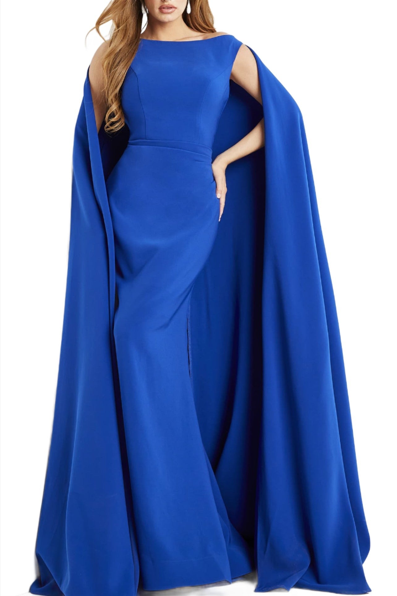 Jovani Boat Neck Cape Evening with Zipper Closure Crepe Gown - Glamourous Grace