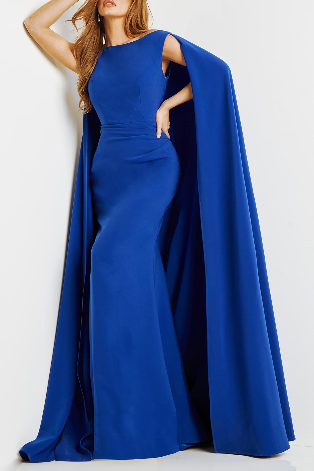Jovani Boat Neck Cape Evening with Zipper Closure Crepe Gown - Glamourous Grace