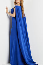 Jovani Boat Neck Cape Evening with Zipper Closure Crepe Gown - Glamourous Grace