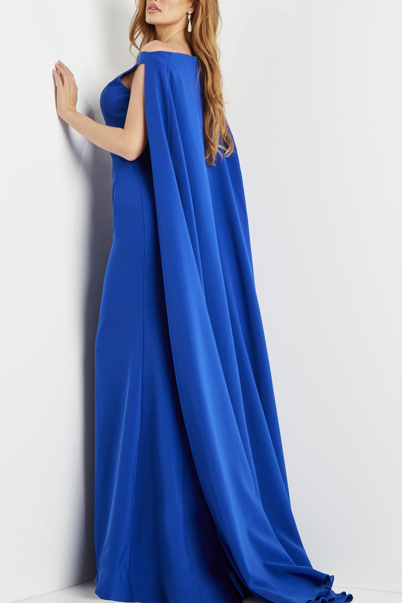 Jovani Boat Neck Cape Evening with Zipper Closure Crepe Gown - Glamourous Grace