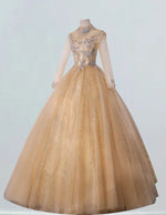 Elegant Gold Tulle Ball Gown with Lace Applique | Boat Neck Evening & Prom Dress
