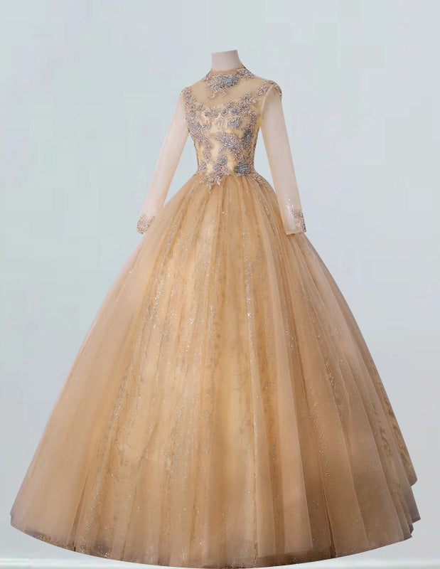 Elegant Gold Tulle Ball Gown with Lace Applique | Boat Neck Evening & Prom Dress