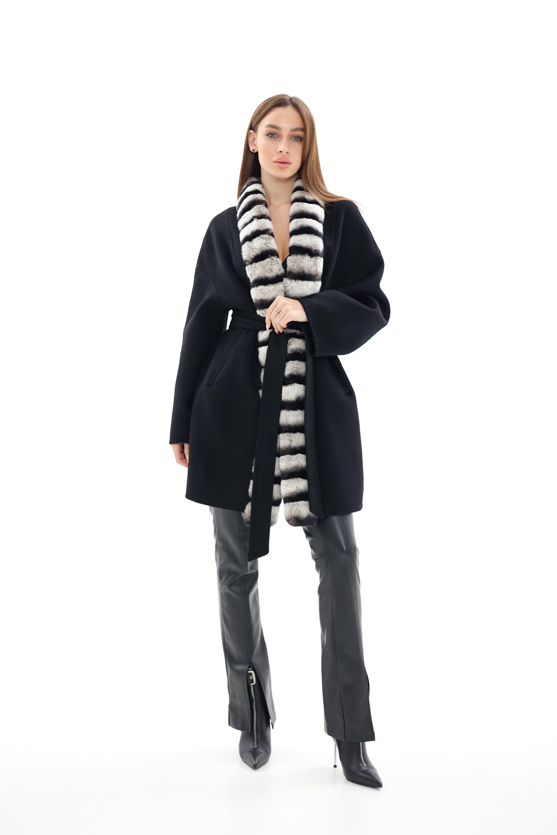 Genuine  French Orylag Fur Italian Cashmere Wool Coat 85cm