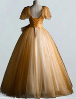 Elegant Gold V-Neck Tulle Prom & Evening Gown with Lace Applique