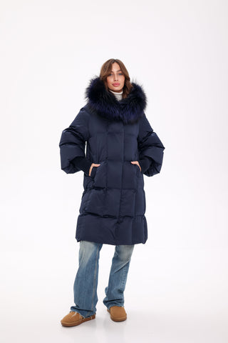 Genuine Fox Fur Trim Down Coat in Royal Blue - By Baano