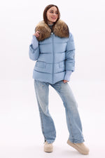 Genuine Fur Trim Down Fill Coat in Blue