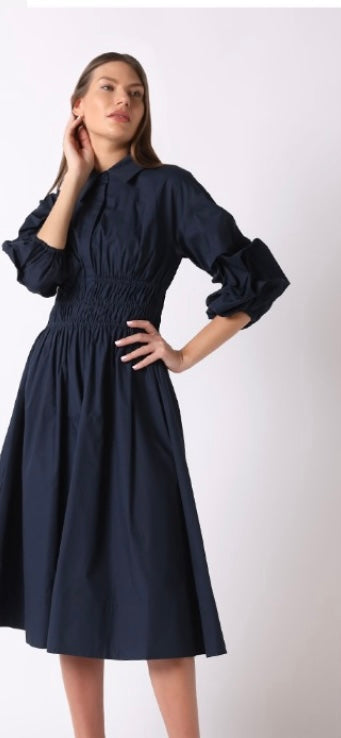Ruched Puff Sleeve & Waist A Line Midi Dress - Gracia