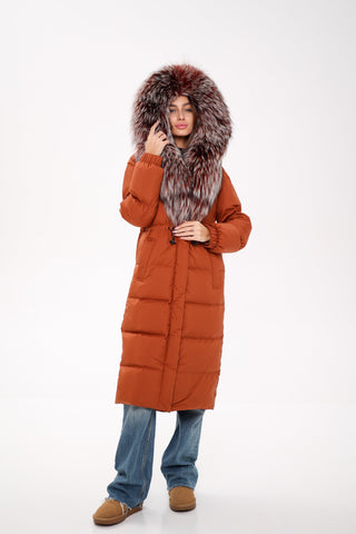 Genuine Silver Fox Fully Lined Hood Down Filled Coat - By Baano