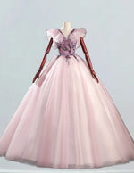 Pink v neck prom dress ball gown,sleeve long graduate party dress,Colorful lace applique tulle pageant dress