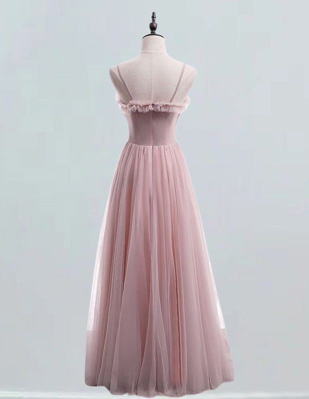 Pink Tulle Spaghetti Strap Evening Gown | Girls' Prom & Bridesmaid Dress