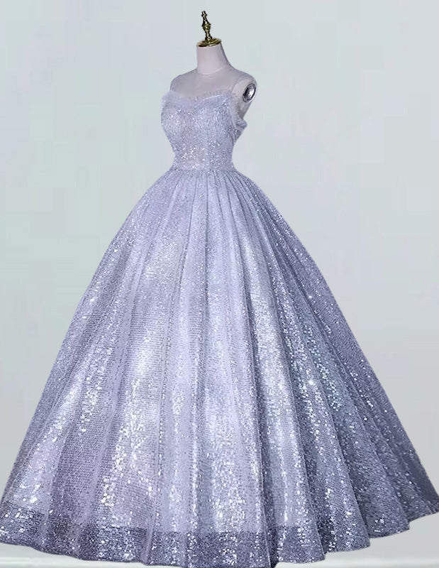 Women's Elegant Grey Sequin Prom Dress | Spaghetti Strap Evening Gown