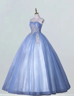 Blue strapless lace applique prom dress ball gown pleated tulle fluffy wedding dress gown
