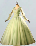 Green v neck prom dress ball gown lace applique party prom dress pleated beaded floor length wedding gown long sleeve evening dress