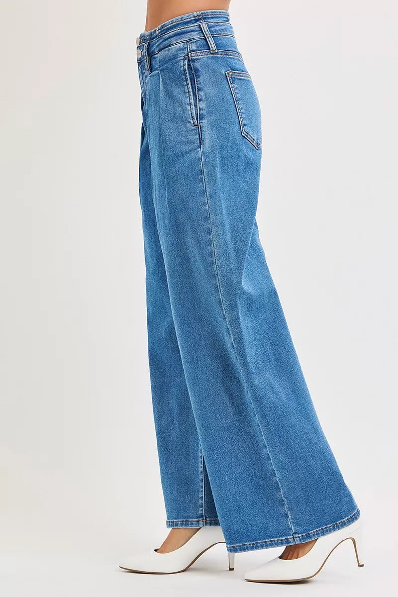 RISEN Plus Size Mid Rise Wide Leg Jeans With Pleated Detail For Flattering All Day Comfort Full Size