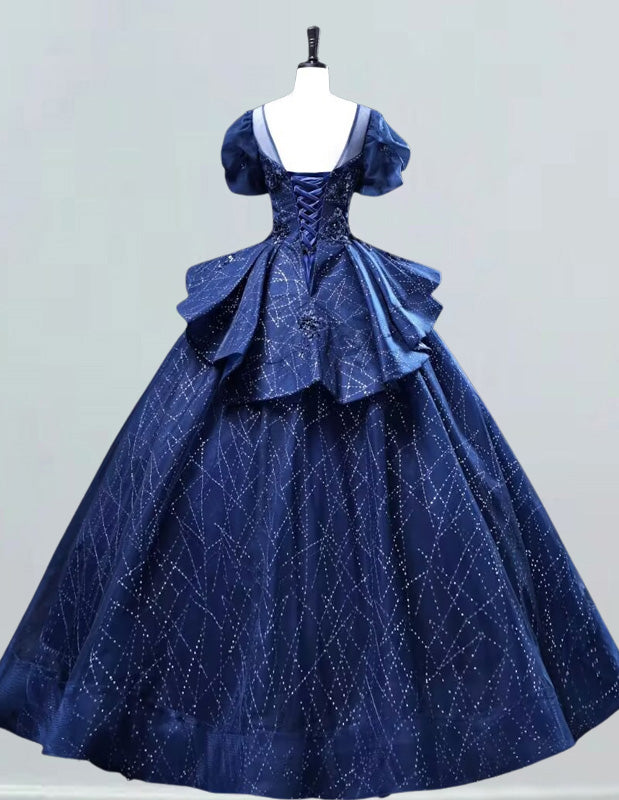 Girls' Navy Sequin Tulle Ball Gown | Scoop Neck Prom & Evening Dress