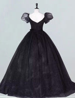 Black sweetheart cap sleeve long tulle prom dress ball gown
